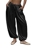 Fisoew Pantalones harén de satén para mujer, cintura elástica holgada, con cordón y bolsillos, Negro , L