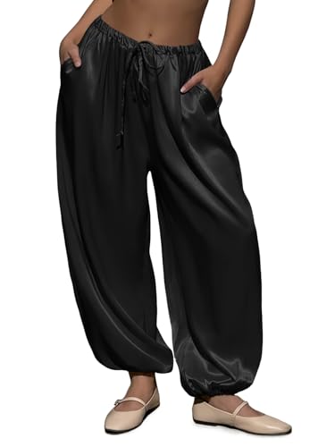 Fisoew Womens Satin Harem Pants Casual Baggy Barrel Leg Elastic Waist Drawstring Loose Workout Track Pants with Pockets Black
