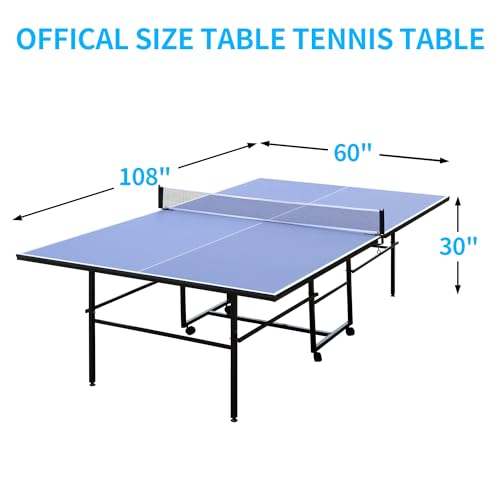 Rakon Blue Folding Rolling Table Tennis Table Indoor and Outdoor Table Tennis Table, 2 Rackets, 3 Balls, 1 Net and 4 Wheels Set Behind It for Easy Movement - Thumbnail 2