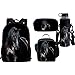 Belidome Lot de 4 sacs à dos d'école, trousse à déjeuner, porte-bouteille pour enfants, garçons, grirls, Cheval noir., taille unique