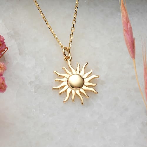 Sun Necklace, 14K Real Gold Sun Pendant, Minimalist Gold Celestial Necklace, Handmade Sun Pendant, Valentines Day Gift3