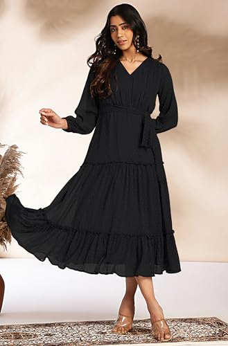 Image of Janasya Women's Dobby Chiffon Woven Design Tiered Dress