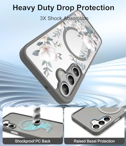 Image of VONZEE Compatible with Samsung Galaxy S25 Plus 5G Case Luxury Retro Flowers Floral Clear for Magnetic Wireless Charging Clear Case Shockproof PC+TPU Cute Glossy Shiny Cover for Girls Women, Grey