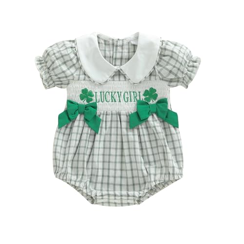 Adobabirl My First St Patricks Day Baby Girl Outfit Clover Embroidery Bubble Romper Irish Onesie Smocked Clothes (Green Lucky Girl 3-6 Months)