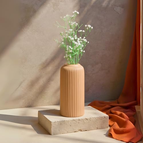 Image of KREATIVE ART'S Modern Ribbed Design Ceramic Flower Vase for Living Room, Flower Pots for Artificial Flower, Home Decoration Item, Home Decor, Vases for Living Room (Beidge, Large)