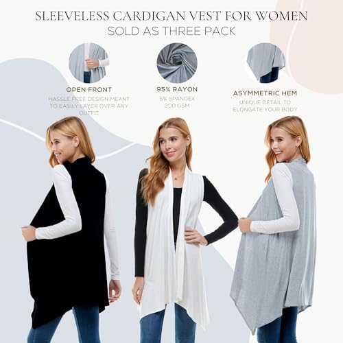 Image of Azules Sleeveless Cardigan for Women, Soft Lightweight Duster Open Front Sleeveless Long Cardigan Vest (3 Pack)