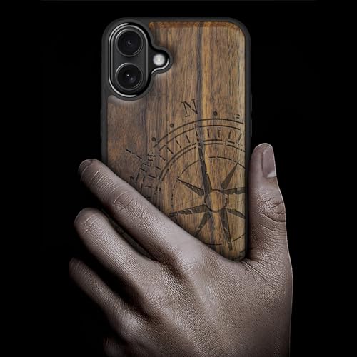 Image of Carveit Wood Case for iPhone 16 Plus, The Incomplete Compass, Walnut | Magnetic iPhone 16 Plus Case Compatible with MagSafe Wireless Chargers, Engraved Wood with Soft TPU Shockproof Bumper