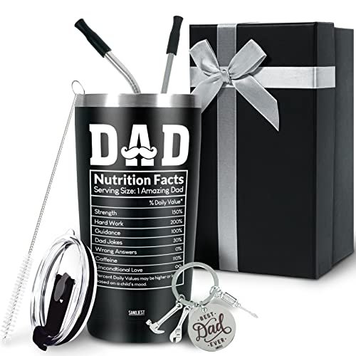 Sandjest Dad Tumbler Gifts For Dad From Daughter, Son - Dad Nutrition Facts 20Oz Stainless Steel Insulated Coffee Travel Mug Christmas, Birthday, Father's Day Gift - Thermal Cup Set With Lid & Straw #TOP1