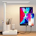 COZOO LED Desk Lamp with 2 USB Charging Ports,Type C Port,1 AC Outlet,2 Pen Holders,3 Color Temperature 3 Brightness Level,Touch/Memory/Timer,10W Eye Protection Foldable Reading Light,Study Lamp-White