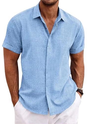PADOLA Chemise Lin Homme Manches Courtes Boutonnée Chemisette Homme Chemises d'été Unie Chemise de Plage en Coton Coupe Régulière Tee Shirt Décontracté...