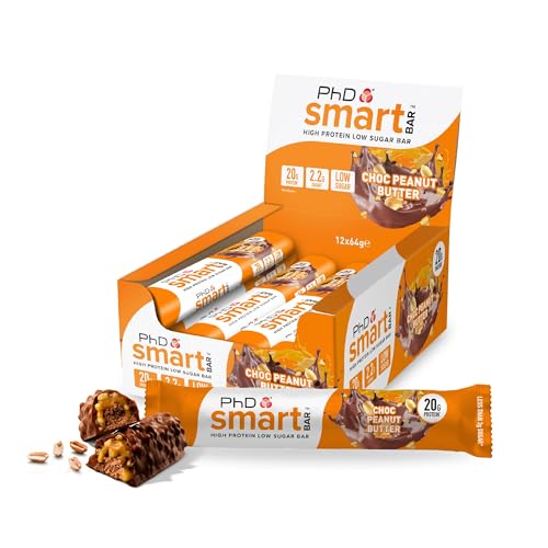 PhD Nutrition Smart Bar Barretta proteica 12x64g Cioccolato e burro d’arachidi - Protein Bar con 20g di proteine e poco zucchero, Adatta per una dieta macro