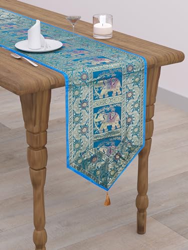Image of Banarasi Brocade Zari Silk Table Runner Dinning & Centre Table Runner 177 By 30 CM (Turquoise, Elephant)