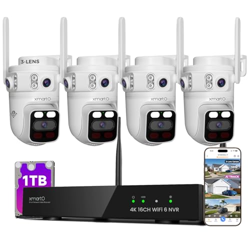 XMARTO 6MP Tri-Lens 4-Cam 1TB WiFi Mesh Security Camera System,16CH 4K H.265 WiFi-Inside NVR,360°PTZ AI Tracking,3-View/Cam,Long Range Wireless,Plug-in 24/7 Home Surveillance,Local & Mobile View