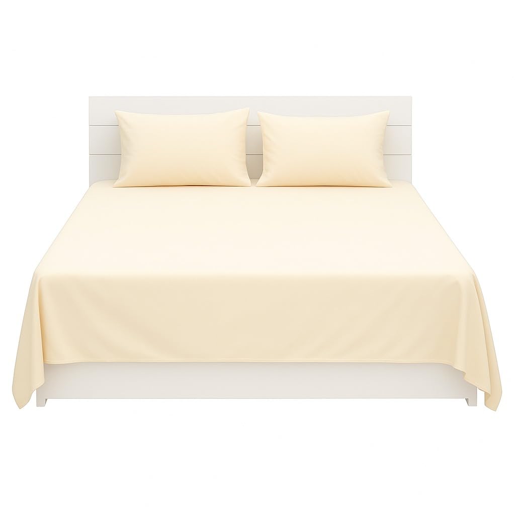 Hotel Linen Klub Flat Sheet Set - 3 Pieces, Superior Cotton Blend with 144 Thread Count, Size: Queen (240 x 260 cm) + 2 Matching Pillowcases (50 x 75 cm) for a Luxurious Sleep Experience, Cream