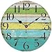 Grazing 5" Vintage Blue Green Yellow Colorful Stripe Design Rustic Country Tuscan Style Wooden Decorative Round Wall Clock (Ocean)