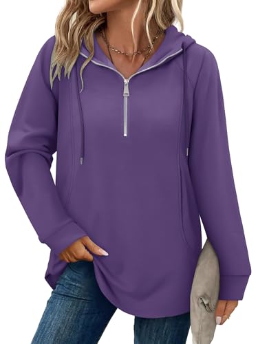 onlypuff Women Hoodie Pullover Trendy Quarter Zipper Lapel Sweatshirts Drawstring Cute Hooded Tunic Tops with Side Pockets