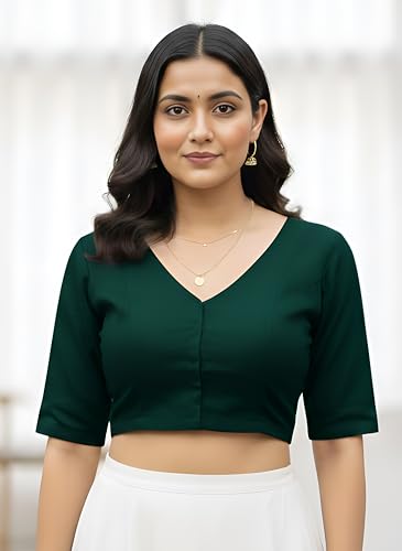 Image of Yash Gallery Women's Stretchable Rayon Lycra V-Neck Short Sleeve Front Open with Hook Stylish Crop Blouse Top for Ethnic Beige Designer Festive Choli Blouse