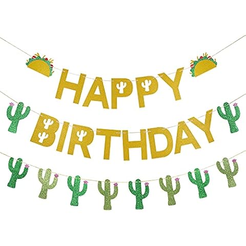 Gold happy birthday banner + Cactus Garland Banner for Taco Party Decor Cover