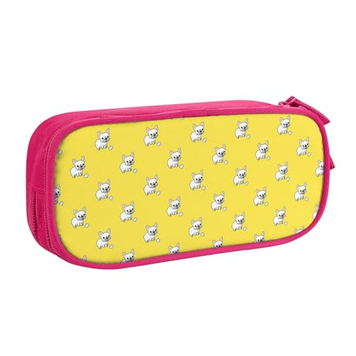 黄色い背景 かわいらしい犬ペンケース 筆箱 文具ケース おしゃれ 筆袋 鉛筆ケース 鉛筆のサック 中高校生 軽量 収納バッグ 学生 子供 誕生日 入学ギフト 大容量 ダブルレイヤーPink