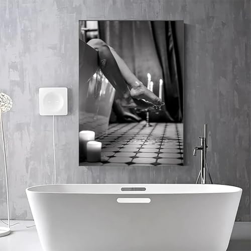 Toile femme dans la baignoire XINBAO noir et blanc, tableau cadre 80x140 cm pour toilette