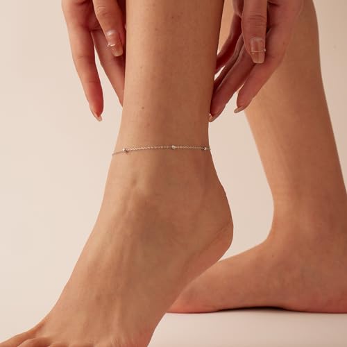 Image of NONAMOIS Ankle Bracelets for Women Dainty 18K Gold Plated Anklet Waterproof Round Beaded Paperclip Herringbone Pearl Chain Anklets Waterproof Beach Foot Jewelry
