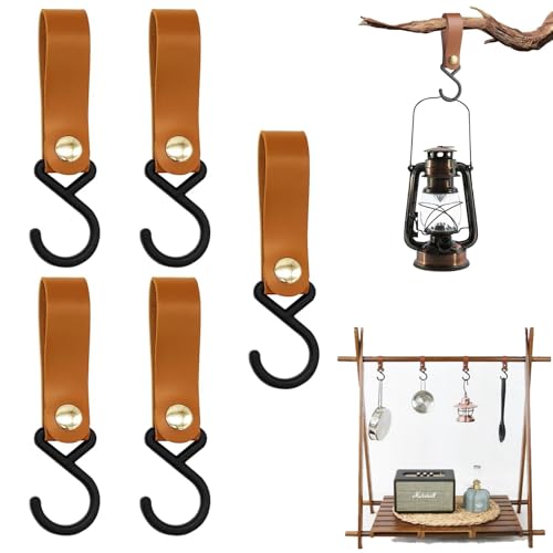 HSYTEK 5 Stück Haken für Kleiderstange, S Campinghaken, Haken Mit Lederschlaufe, Mehrzweckhaken für Geschirr, Laterne, Garderobe, Kleiderstange, Küche, Bad, Rucksack, Kinderwagen im Freien (Braun)