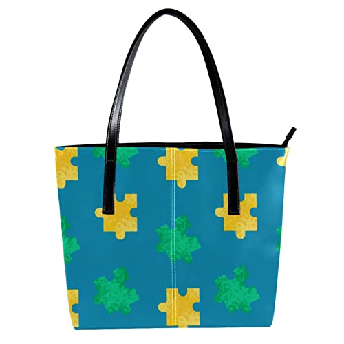 Personalized Handbag PU Leather Tote Shoulder Handbags Tote Purse green yellow jigsaw pattern