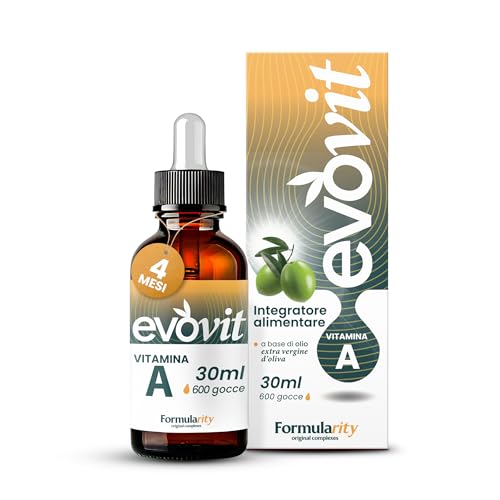 EVOVIT VITAMINA A - 4 Mesi di Durata - In Olio Extravergine d'Oliva Italiano Spermuto a Freddo - Integratore Naturale ad Alta Biodisponibilità - Senza Zuccheri, Glutine, Lattosio, 30ml- Made in Italy