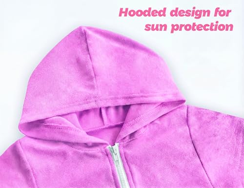 Image of Girls Swim Cover Up Multicolor Hooded Zip-Up Terry Swimsuit Ruffle Bathing Suit Kids Short Sleeve Swimwear