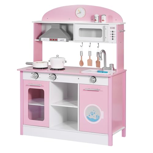 Image of VEVOR Play Kitchen for Kids, Wooden, Kids Kitchen Playset with Real Lights & Sounds, Food & Cookware Accessories, Pretend Play Toy Set, Range Hood, Microwave, for Toddlers, Girls & Boys Ages 3-8, Pink