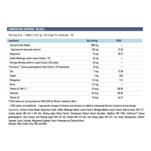 Image of TrueBasics Advance Calcium Tablets for Women and Men, with Vitamin D3, Vitamin K2-MK7, Magnesium, Zinc, Alfalfa, Clinically Researched Ingredients, 90 Calcium Tablets