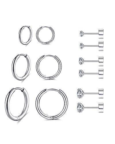 316L Surgical Stainless Steel Hoop Earrings Flat Back Stud Earrings Set Silver Hypoallergenic Earrings Hoop Cartilage Helix Lobes Hinged Sleeper Earrings For Men Women