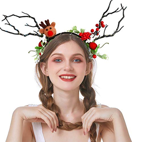 Genbree Christmas Glowing Headbands Reindeer Antlers Hair Hoops LED Light Up Glow Xmas Hair Hoops Christmas Party Costume Deer Headpiece for Women and Girls