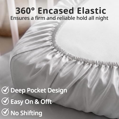 Image of Pro Goleem Satin Mini Crib Sheets 2 Pack, Grey & White Silky Soft Fitted Sheet for Baby Hair Protection, 38 inchx24 inchx5 inch Breathable Mattress Cover Compatible with Pack n Play & Portable Crib