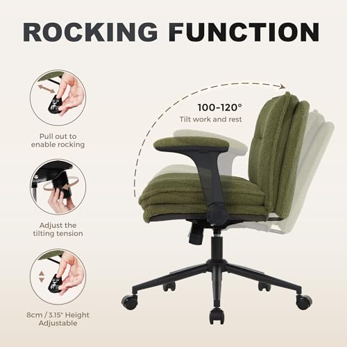 Image of Criss Cross Legged Office Chair with Wheels and Flip-Up Arms, Ergonomic Wide Seat Desk Chair with Thick Padded, Height Adjustable Criss Cross Chairs for Home Office, Bedroom,Vanity,Green