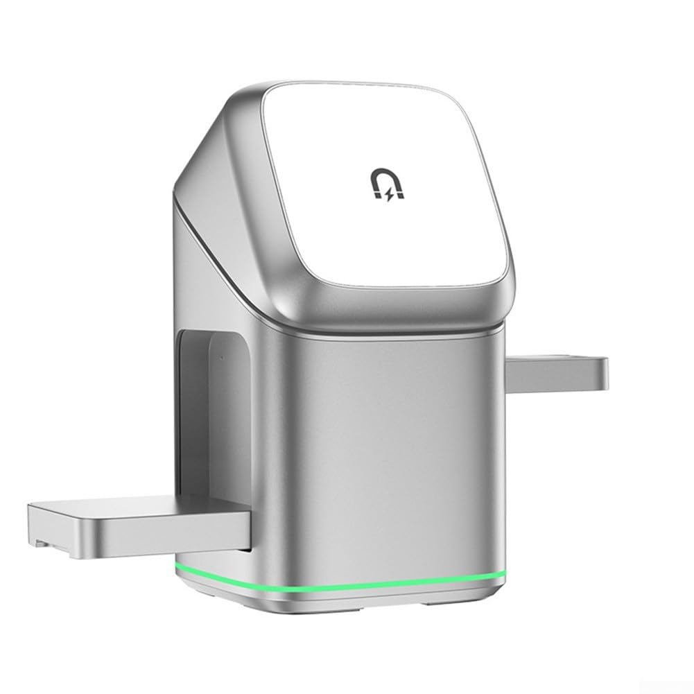 Stazione di ricarica wireless 3 in 1 da 15 W, design pieghevole con rotazione automatica a 180°, per iPhone, per Samsung Watch, ricarica rapida, colore argento (bianco)