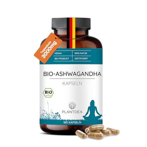 PlantDEA Bio Ashwagandha Kapseln I 3000mg Tagesdosis I hochdosierte 180 Ashwagandha-Kapseln I laborgeprüft I Bio Ashwagandha Pulver I Ohne Zusätze