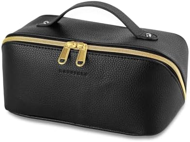 BATFIELD Cosmetic Bag for Women, Litchi PU Leather Makeup Pouch for Women, Large Capacity Cosmetic Travel Bag, Portable Makeup Kit Storage Bag with Handle and Divider, Makeup Organizer Bag (Black2)