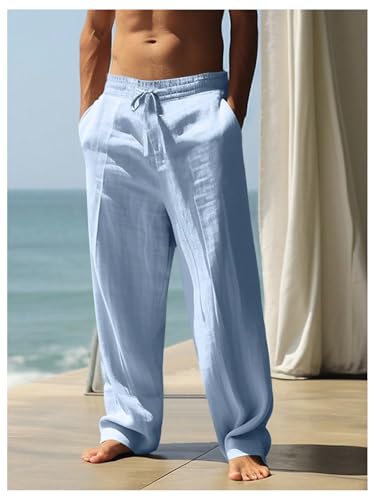 SOLY HUX Men's Linen Pants Drawstring Elastic Waist Straight Leg Casual Loose Fit Pants with Pockets3