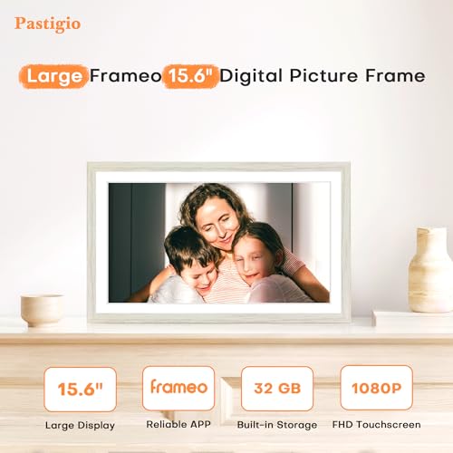 Image of Digital Picture Frame, 15.6 Inch Frameo Digital Frame WiFi Large Display | 1920*1080 IPS FHD Touchscreen, 32GB, Wall-Mountable, Share Picture Video, Electronic Photo Frame, Mom Gifts, White Woodgrain