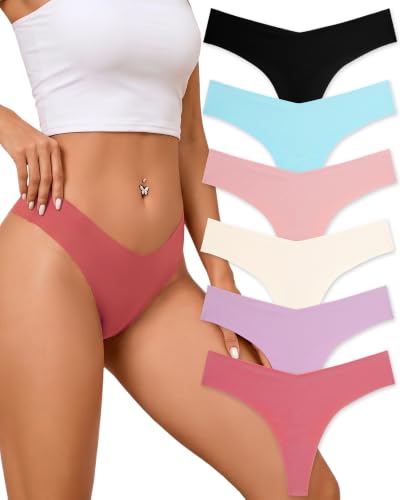 Image of FINETOO Seamless Thongs for Women Sexy No Show Panties Invisible V-waisted Stretch Lingerie Underwear 6 Pack