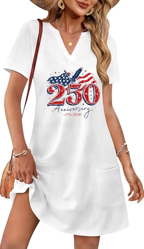 Image of Ithalt 4th of July Dresses for Women Patriotic Dress Red White and Blue Outfits American Flag V Neck Sundress with Pockets