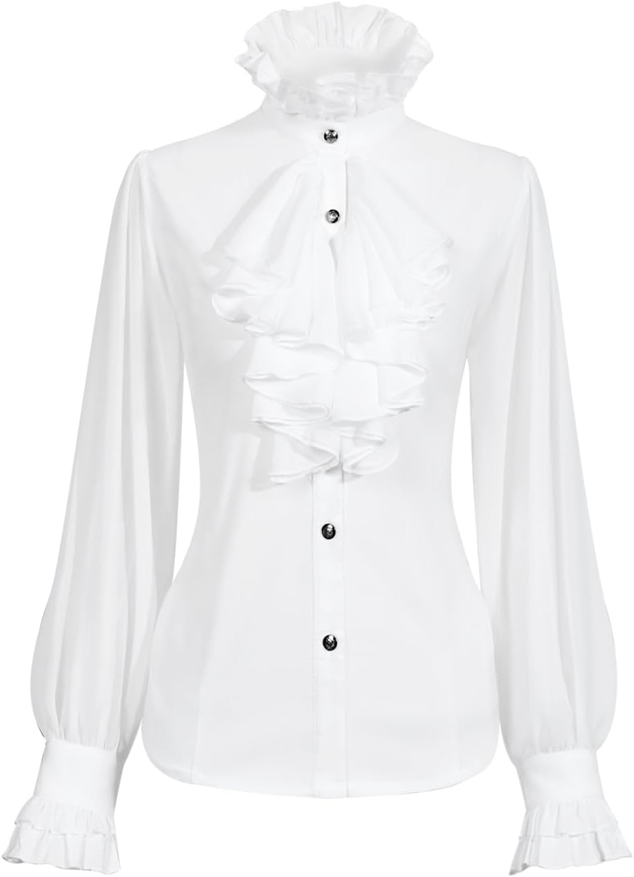 Womens Victorian Vintage Long Sleeve Shirt Ruffle Stand Collar Blouse Medieval Gothic Tops - Image 3