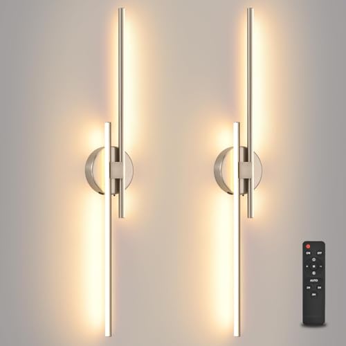 Image of Battery Operated Wall Sconce set of 2, USB Rechargeable Wireless Sconces with Remote Control, LED Dimming Wall Lamp 3 Color /Timer /Memory, 31.4 inch Brushed Nickel Wall Lights for Bedroom Living Room