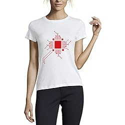 Geeky Retro CPU y placa madre gráfico cuello redondo algodón camiseta mujer blanco, blanco, L