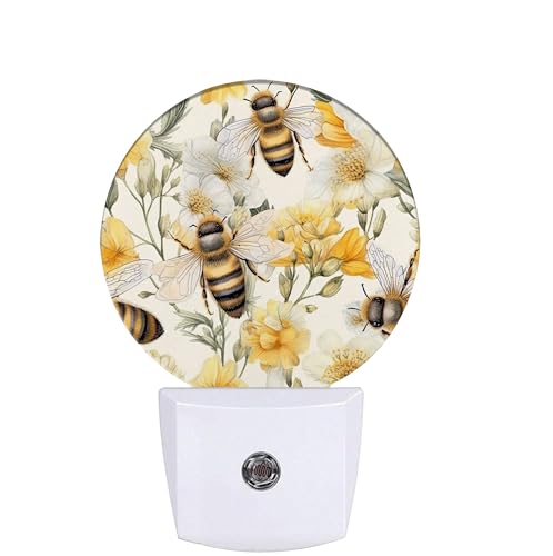 Image of Cute Bee Night Light,Watercolor Floral Night Lights Plug into Wall for Kitchens Toilets Bedroom Decorative Half Round Nightlight Led Lamp 0.5W Sleep Friendly