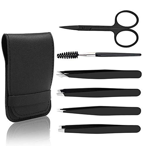 6 PCS Eyebrow Tweezers Set, Professional Stainless Steel Eyebrow Tweezer Scissors Set with Travel Cases for Eyebrows Splinter and Ingrown Hair