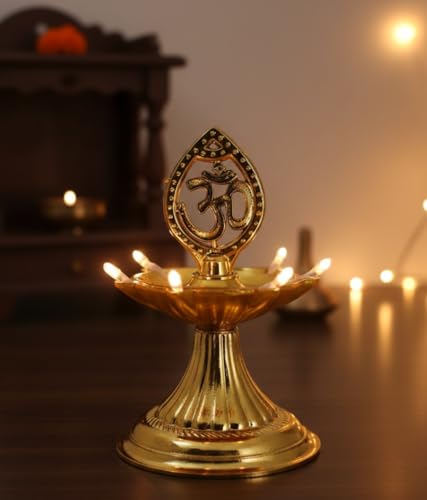 AVOXA Golden Om Electric Lamp: Sparkling LED Decorative Diya for Mandir & Diwali (1 Layer)