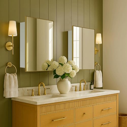 Image of TEHOME 16.5'' x 24'' Brushed Gold Recessed and Surface Mount Bathroom Medicine Cabinet with Mirror Brushed Gold Square Cornered Metal Framed Rounded Rectangle Medicine Cabinet Mirror