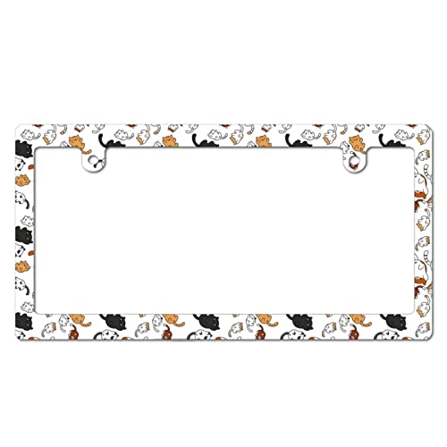 ナンバーフレーム 前後2枚/1台分 猫柄 かわいい ナンバープレートフレーム カータグカバーホルダー 車用 ナンバーフレームセット ナンバープレート枠 錆びにくい 装飾ボーダー アクセントナンバー 車フレーム カー用品 日本?汎用 普通車 軽自動車
